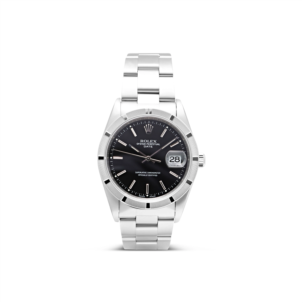 Rolex Date Steel Black Dial Engine Turned Bezel 34mm 