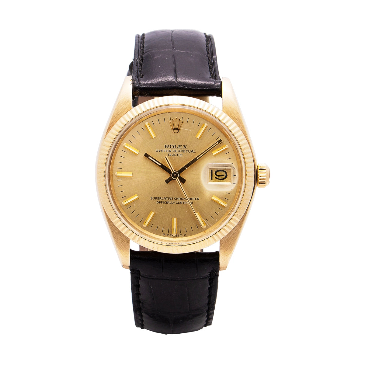 Rolex Oyster Perpetual Date 14K Yellow Gold Leather Strap