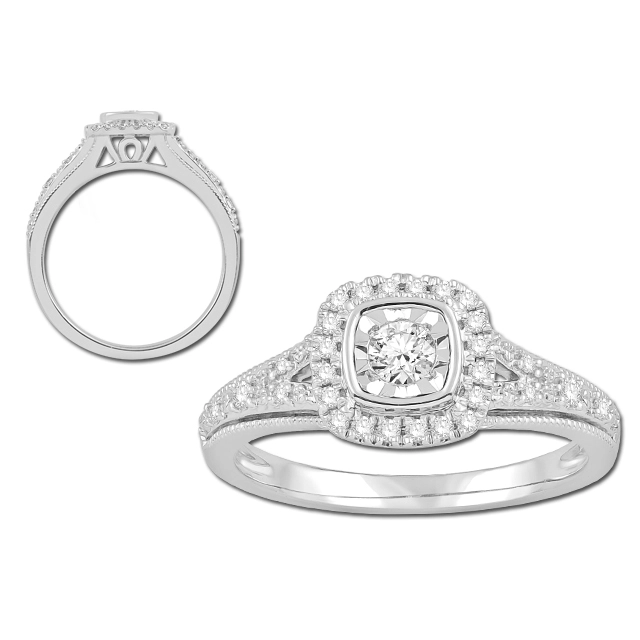 14K White Gold Mounted Diamond Ring, Cushion Halo Meierotto Jewelers