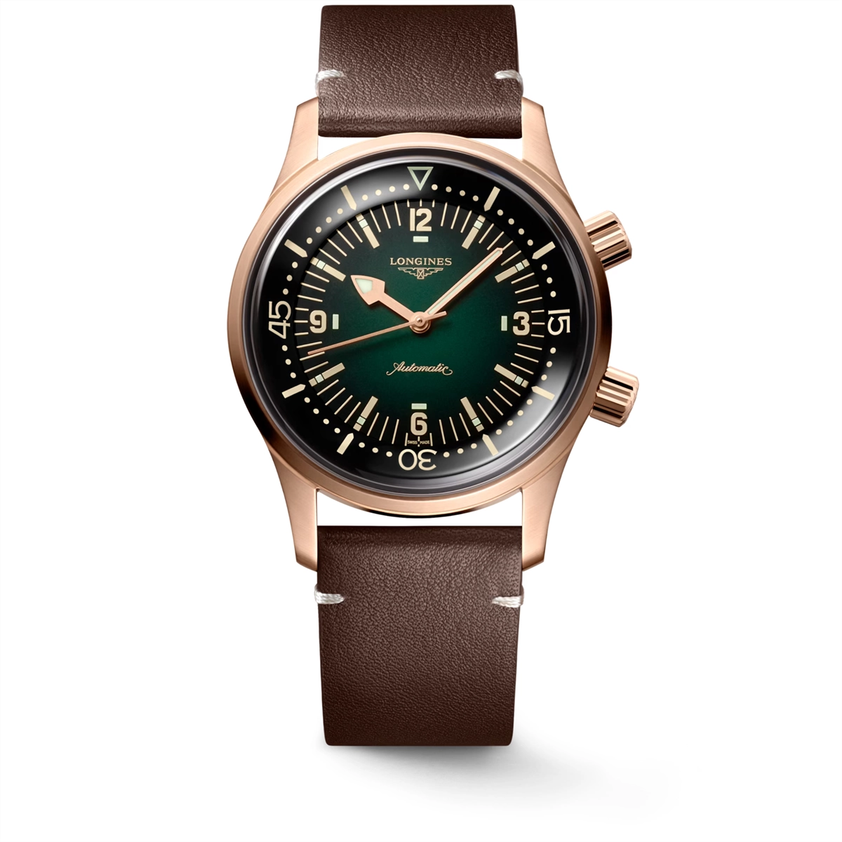 Longines Legend Diver Watch Bronze Case Leather Strap 42mm