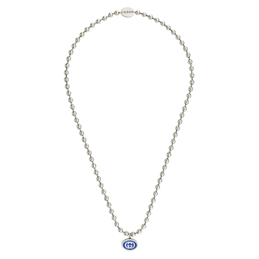Gucci Sterling Silver Blue Imperial Enamel Boule Necklace, inch