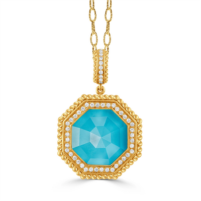 csv_image Doves Pendant in Yellow Gold containing Quartz, Multi-gemstone, Diamond, Turquoise P11102TQ-Y