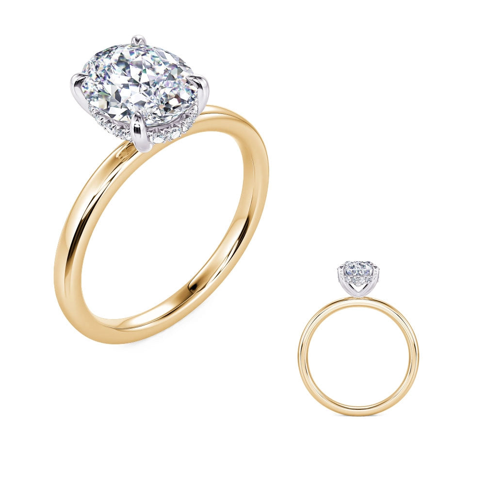 14K Yellow Gold Solitaire Ring with 14K White Gold Oval Hidden Halo Diamond  Head