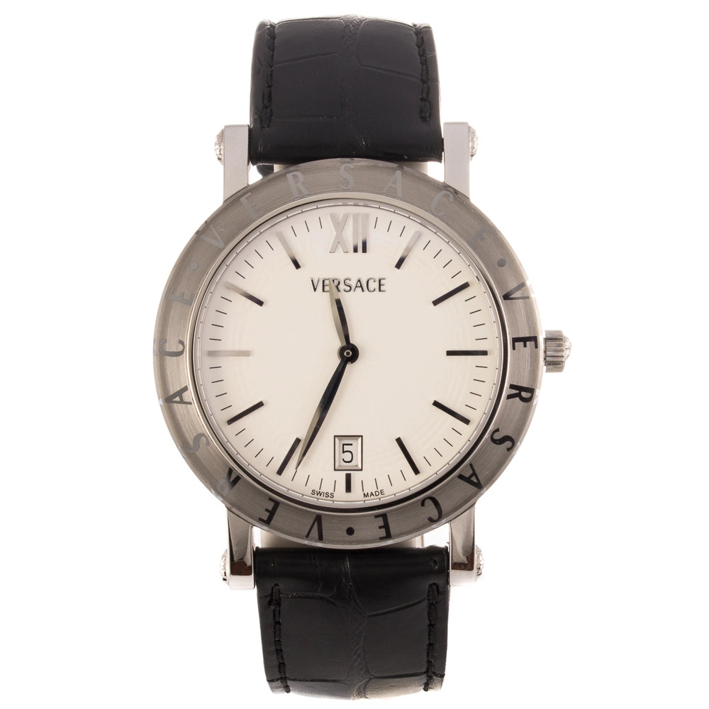 Versace Mens White Dial Black Leather Watch 40mm Quartz Preowned FINAL SALE