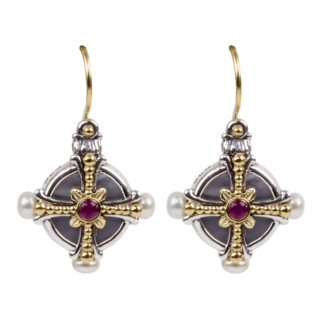 Konstantino Earrings in Mixed Metals containing Mother of pearl, Multi-gemstone, Ruby, Pearl SKMK3144-459