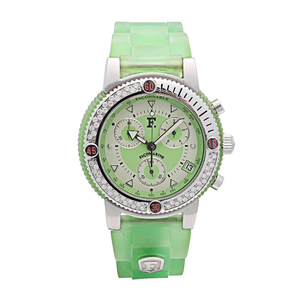 Faconnable Facomarine Diamond Bezel Green Rubber Strap 42mm Quartz Preowned Sold As Is