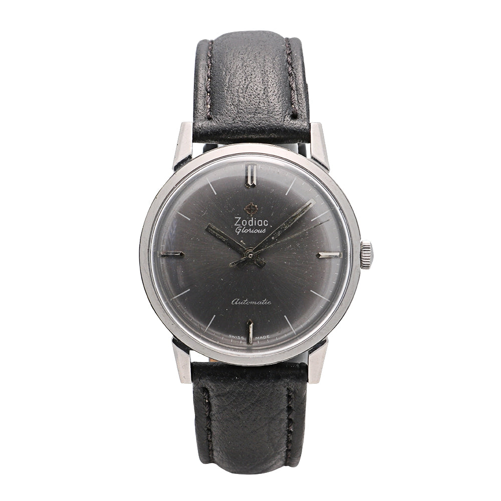Zodiac Glorious Stainless Steel Gray Dial Black Strap 34mm Automatic Preowned Sold As Is