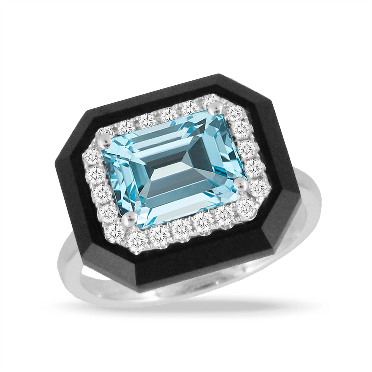 Doves Rings in White Gold containing Blue topaz , Black onyx, Multi-gemstone, Diamond R9254BOBT