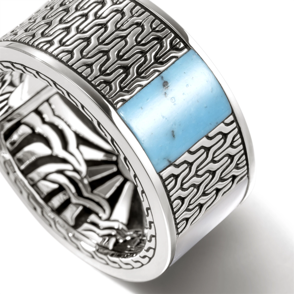John Hardy Silver and 18K Bonded Gold 11.5mm Carved Chain Band Ring with MOP Treated Turquoise and Lapis