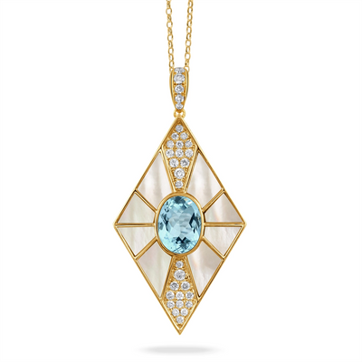 Doves Pendants in Yellow Gold containing Blue topaz , Mother of pearl, Multi-gemstone, Diamond P9029WMPBT