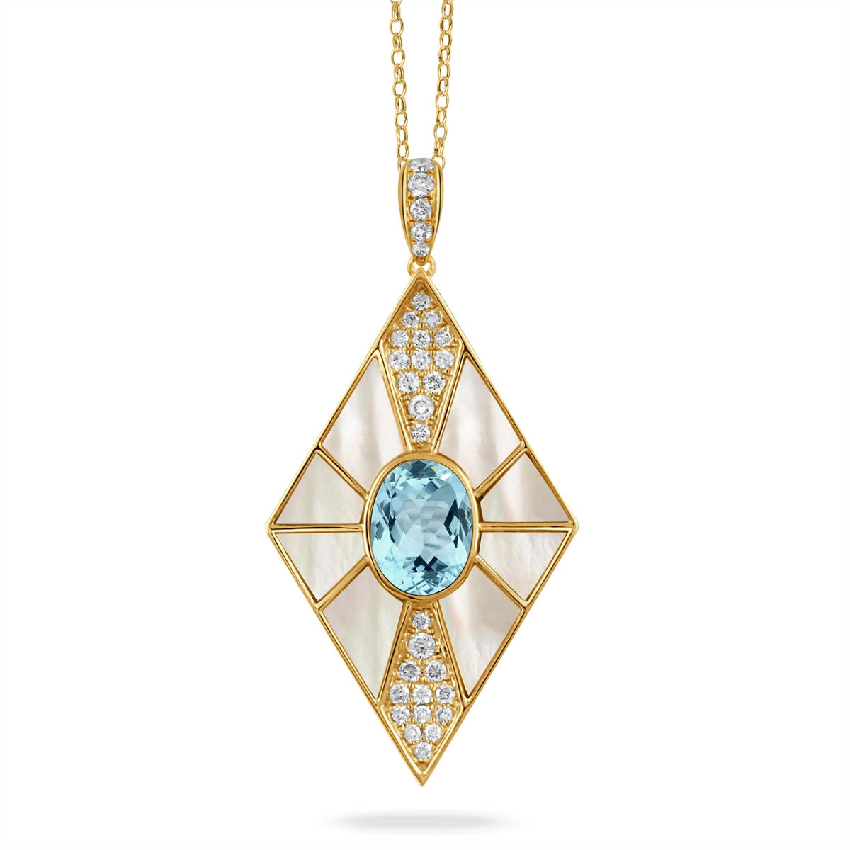 Doves Pendants in Yellow Gold containing Blue topaz , Mother of pearl, Multi-gemstone, Diamond P9029WMPBT
