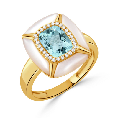 Doves Rings in Yellow Gold containing Blue topaz , Mother of pearl, Multi-gemstone, Diamond R11625WMPBT