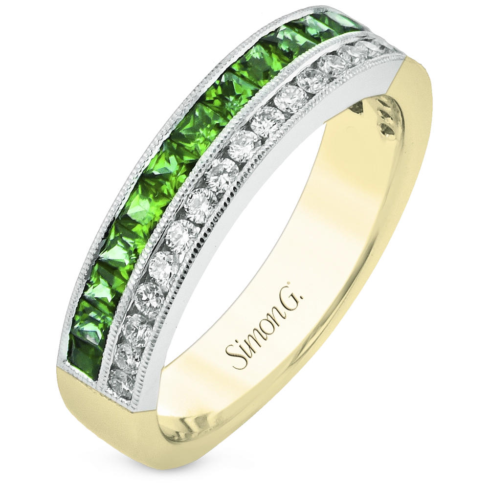 Simon G Rings in Mixed Metals containing Multi-gemstone, Diamond, Emerald LR2939-EM-14KYW