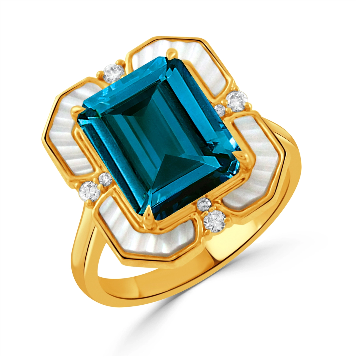 Doves Rings in Yellow Gold containing London blue topaz, Mother of pearl, Multi-gemstone, Diamond R12577MPLBT-A