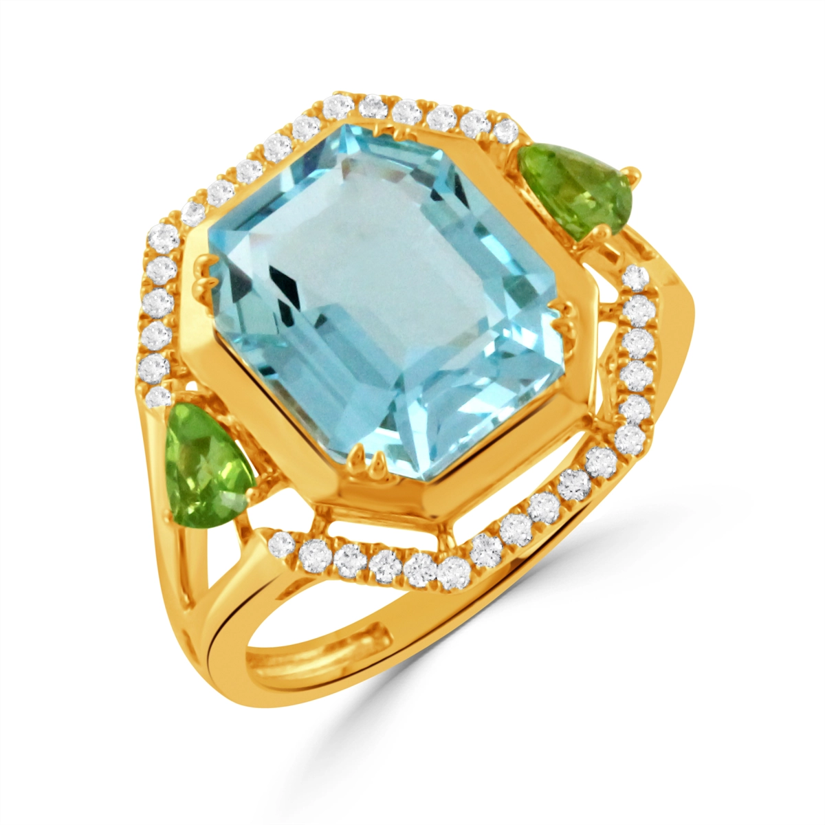 Doves Rings in Yellow Gold containing Blue topaz , Peridot, Multi-gemstone, Diamond R12465PDBT