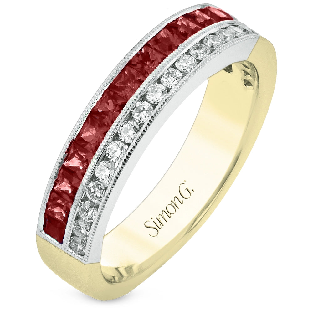 Simon G Rings in Mixed Metals containing Multi-gemstone, Diamond, Ruby LR2939-RU-14YW