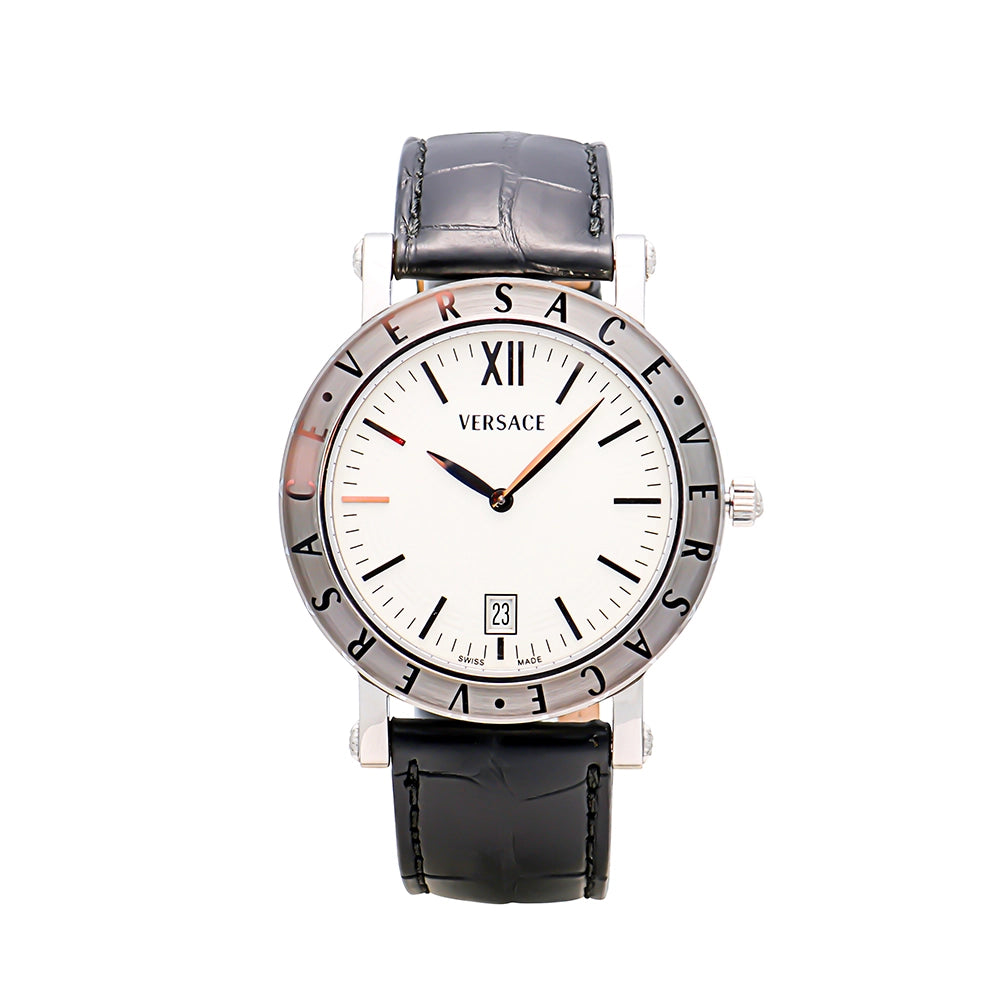 Versace Mens White Dial Black Leather Watch 40mm Quartz (Preowned)(FIN ...