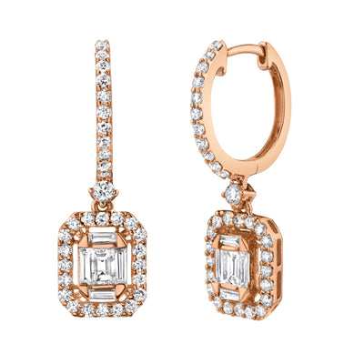 Meierotto Jewelers 14K Rose Gold Diamond Hoop Dangle Earrings, Baguette Design with Halo 